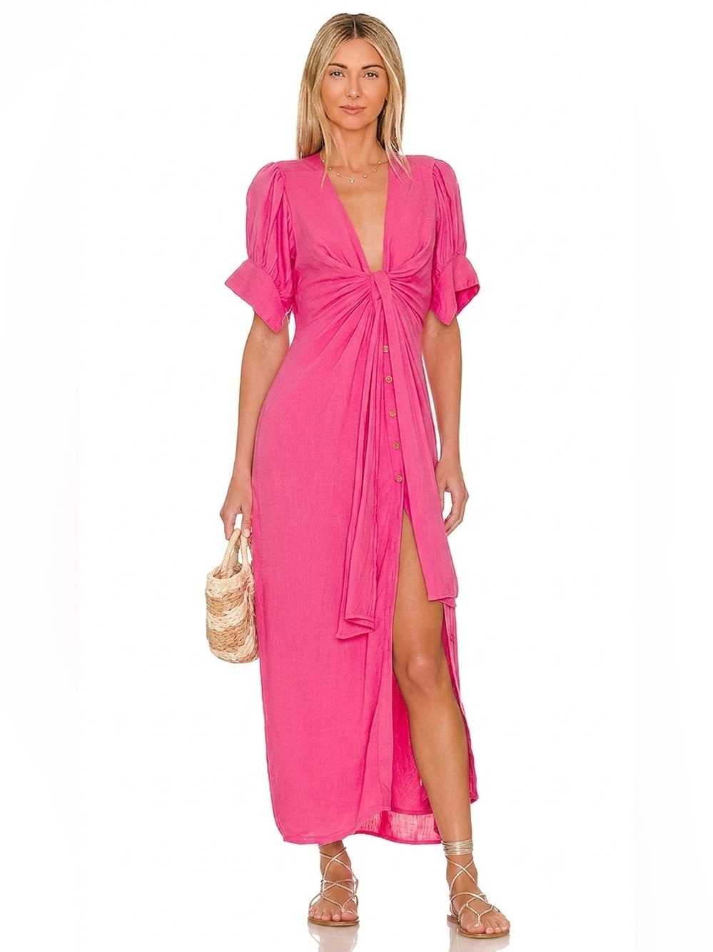 Free People Vintage Summer Midi Dress Pink Linen Blend XS